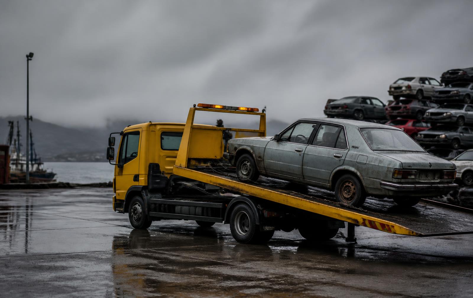 Yellow flatbed tow truck loading an old unwanted car at a Whangarei salvage yard